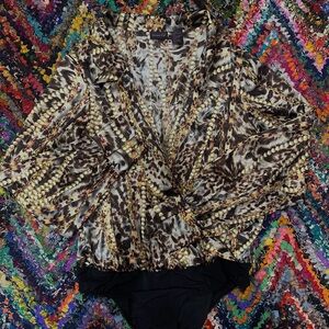 Vintage ShapeFX Animal-Chain Print Collared Bodysuit